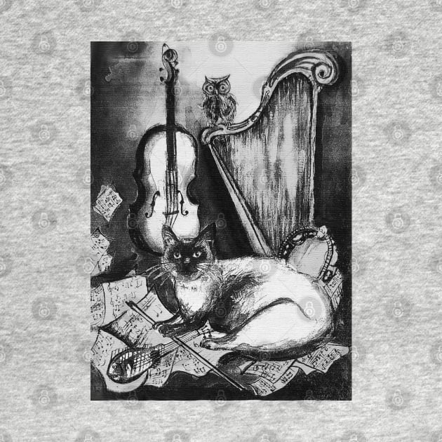 MUSICAL CAT AND OWL WITH MUSIC INSTRUMENTS In Black White by BulganLumini